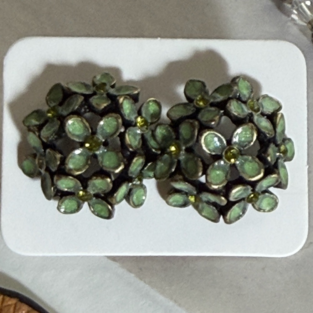 Olive Green Enamel Flower Cluster Stud Earrings - Picture 9 of 9